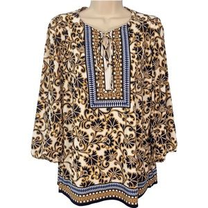 Roz & Ali Boho Tunic Top Gold Navy Ivory Paisley Tie V-Neck 3/4 Sleeve Shirt M